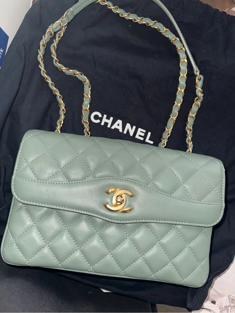 $5K MSRP CHANEL Quilted Shoulder Flap Bag in Sage Green with Gold
